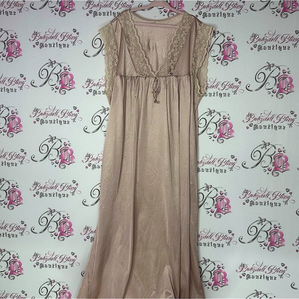 Dress lace moo moo vintage silky satiny tie up gown retro tan blush rose pink